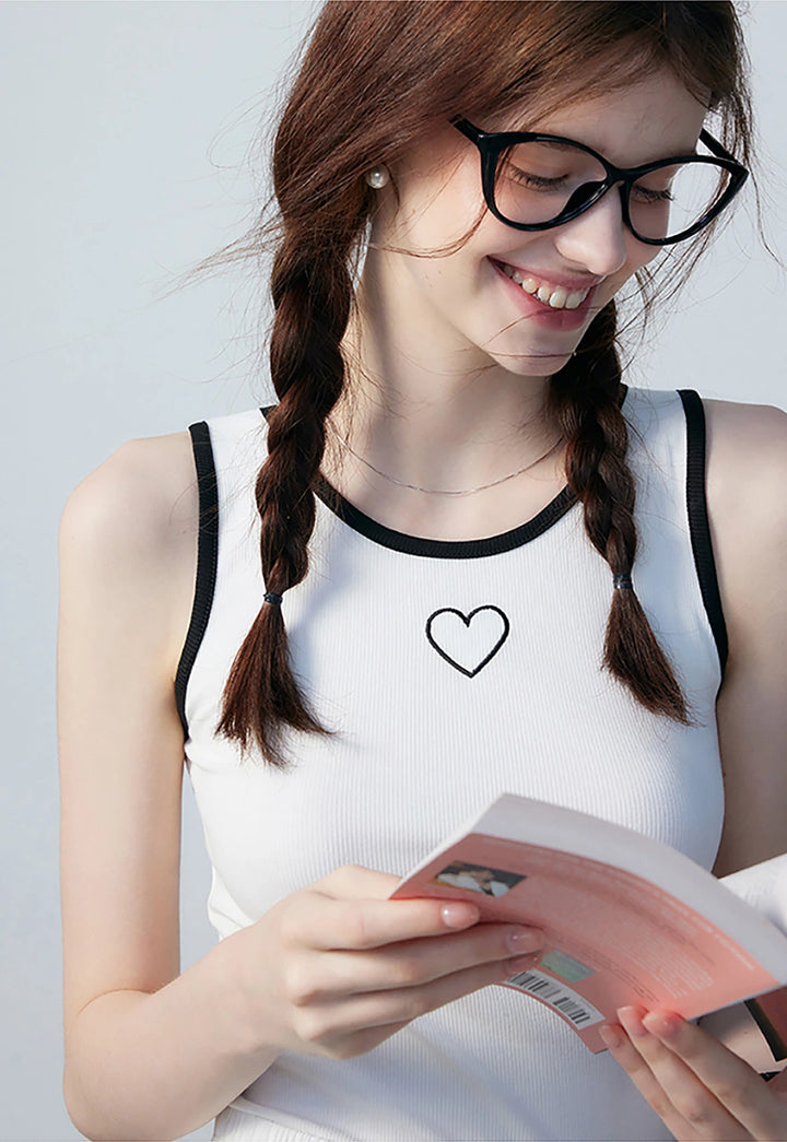 Women's Sleeveless Tank Top with Heart Embroidery