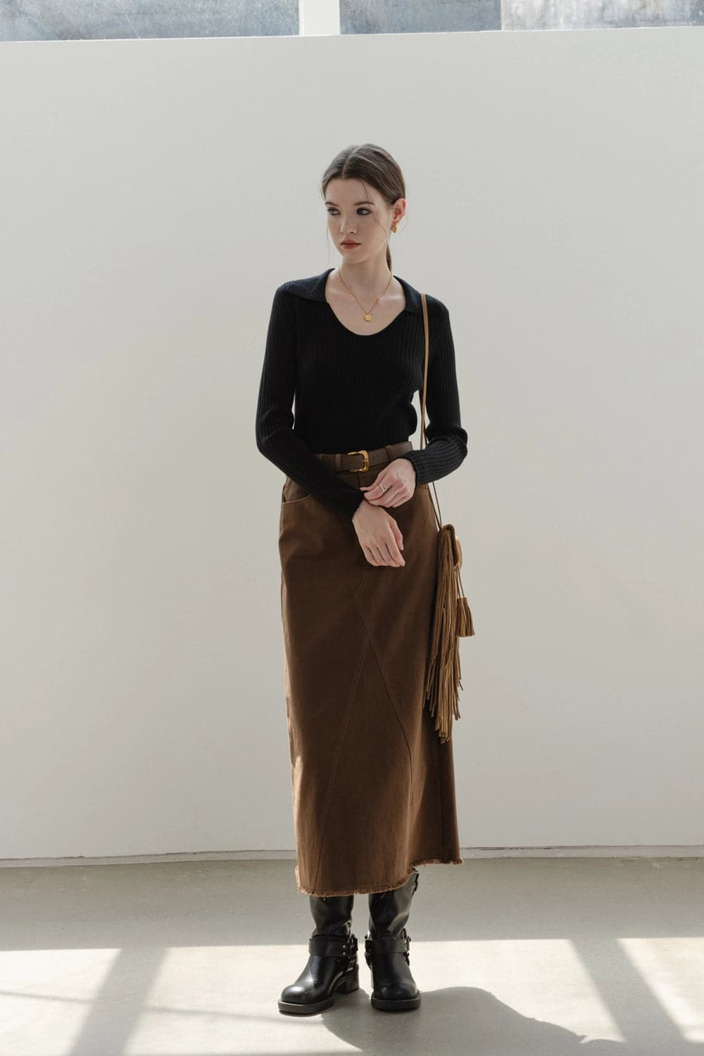 Skirt Midi Suede A-Line yang Elegan dengan Pinggang Berikat untuk Wanita