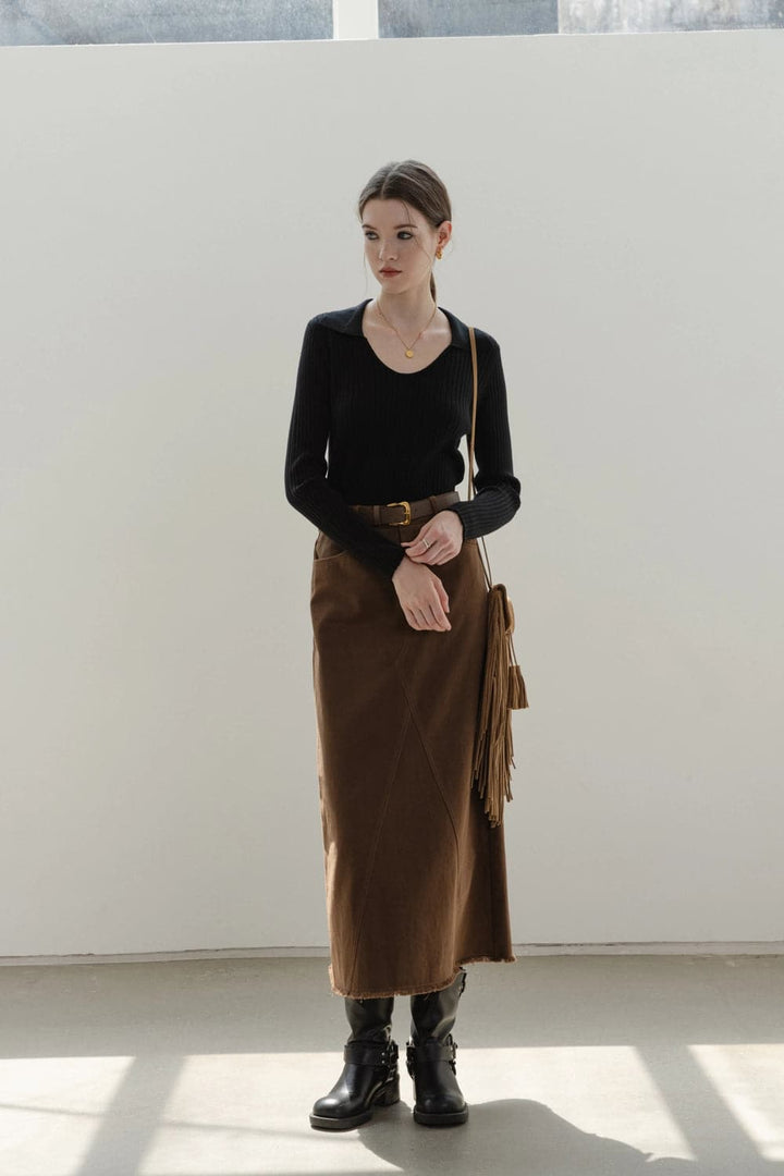 Elegant A-Line Suede Midi Skirt with Belted Waist for Women