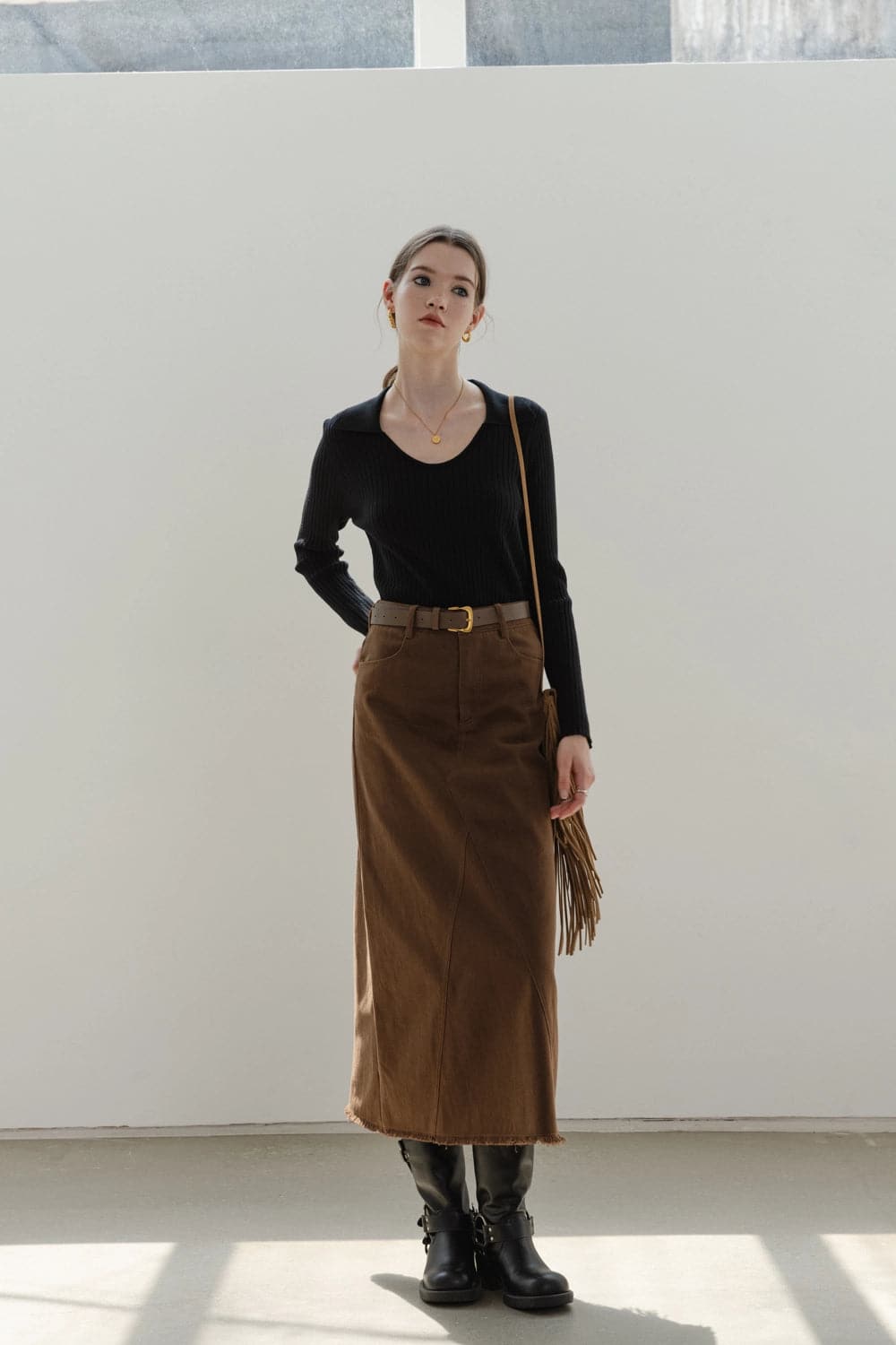 Skirt Midi Suede A-Line yang Elegan dengan Pinggang Berikat untuk Wanita