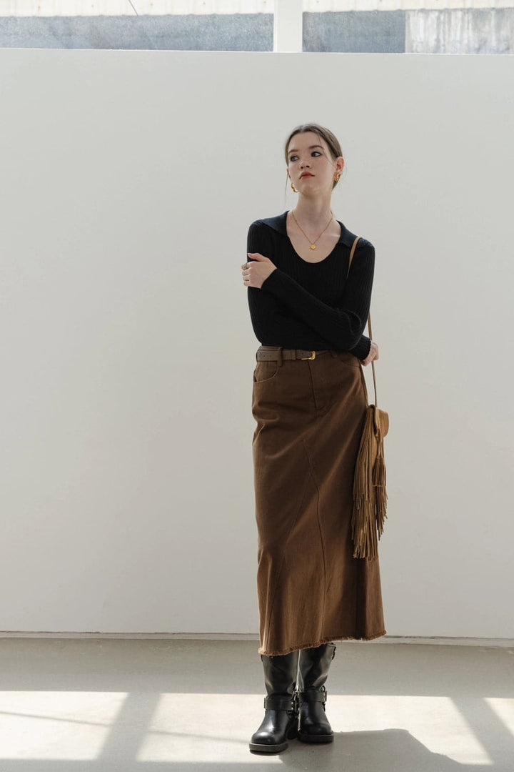 Skirt Midi Suede A-Line yang Elegan dengan Pinggang Berikat untuk Wanita