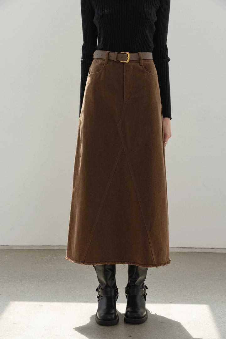 Elegant A-Line Suede Midi Skirt with Belted Waist for Women