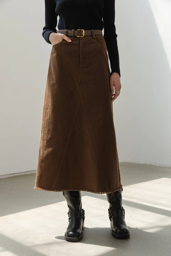 Skirt Midi Suede A-Line yang Elegan dengan Pinggang Berikat untuk Wanita