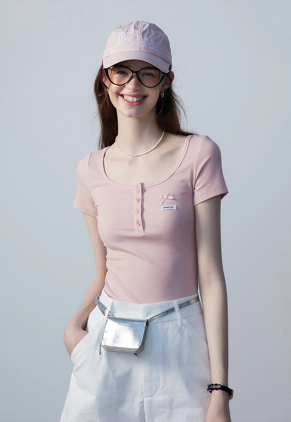 Áo crop top Henley ngắn tay cho nữ - Chi tiết nơ