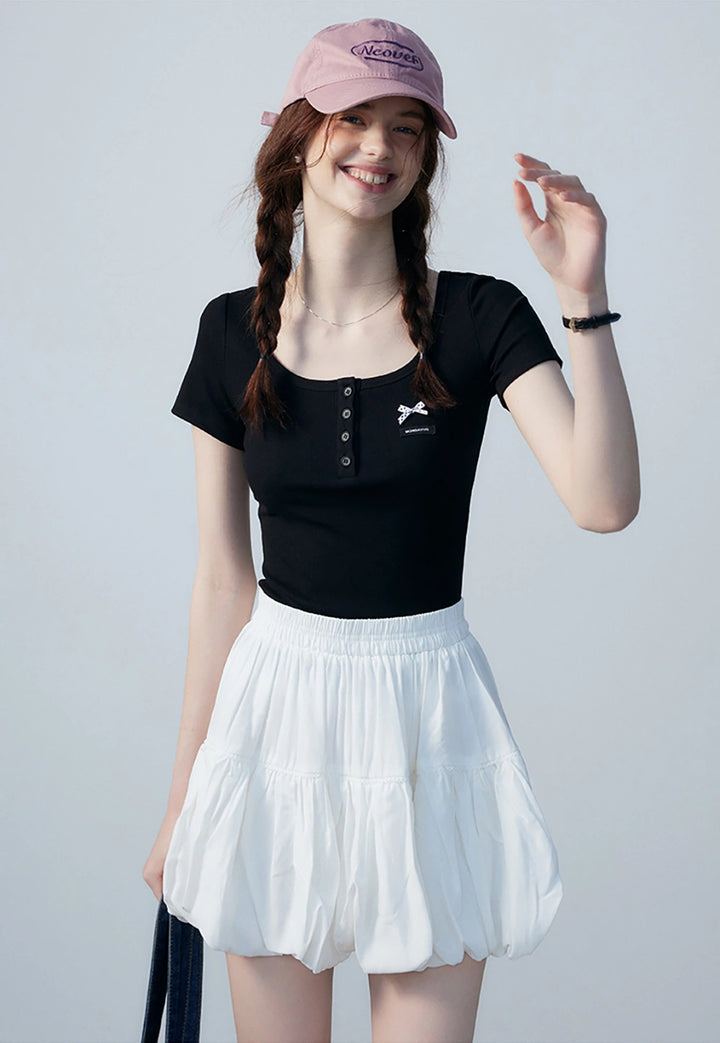 Women's Short Sleeve Henley Crop Top - Bow Detail