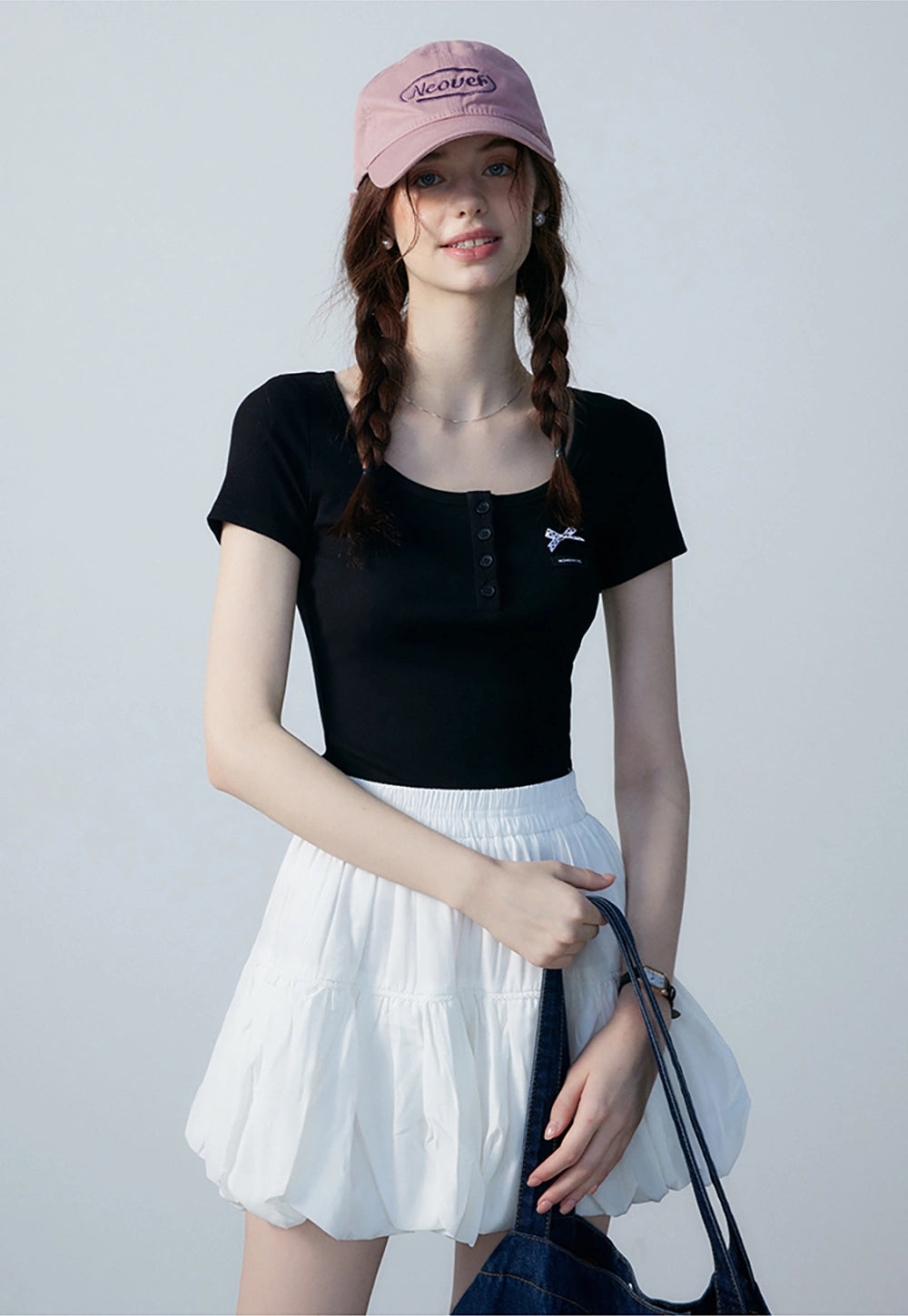 Women's Short Sleeve Henley Crop Top - Bow Detail