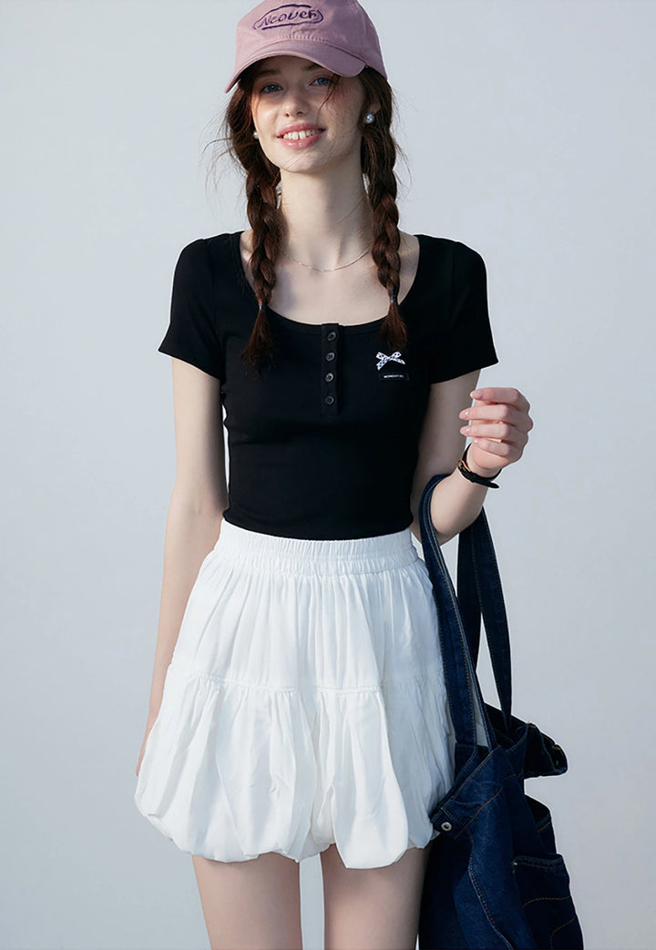 Women's Short Sleeve Henley Crop Top - Bow Detail