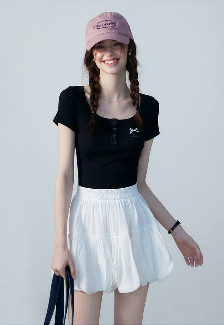 Women's Short Sleeve Henley Crop Top - Bow Detail