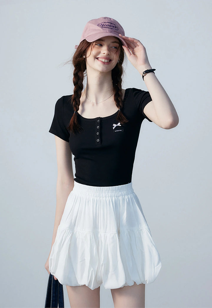 Women's Short Sleeve Henley Crop Top - Bow Detail