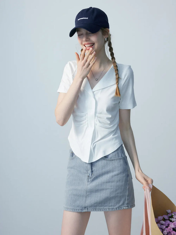 Short-Sleeve Collared Button-Up Knotted Crop Top