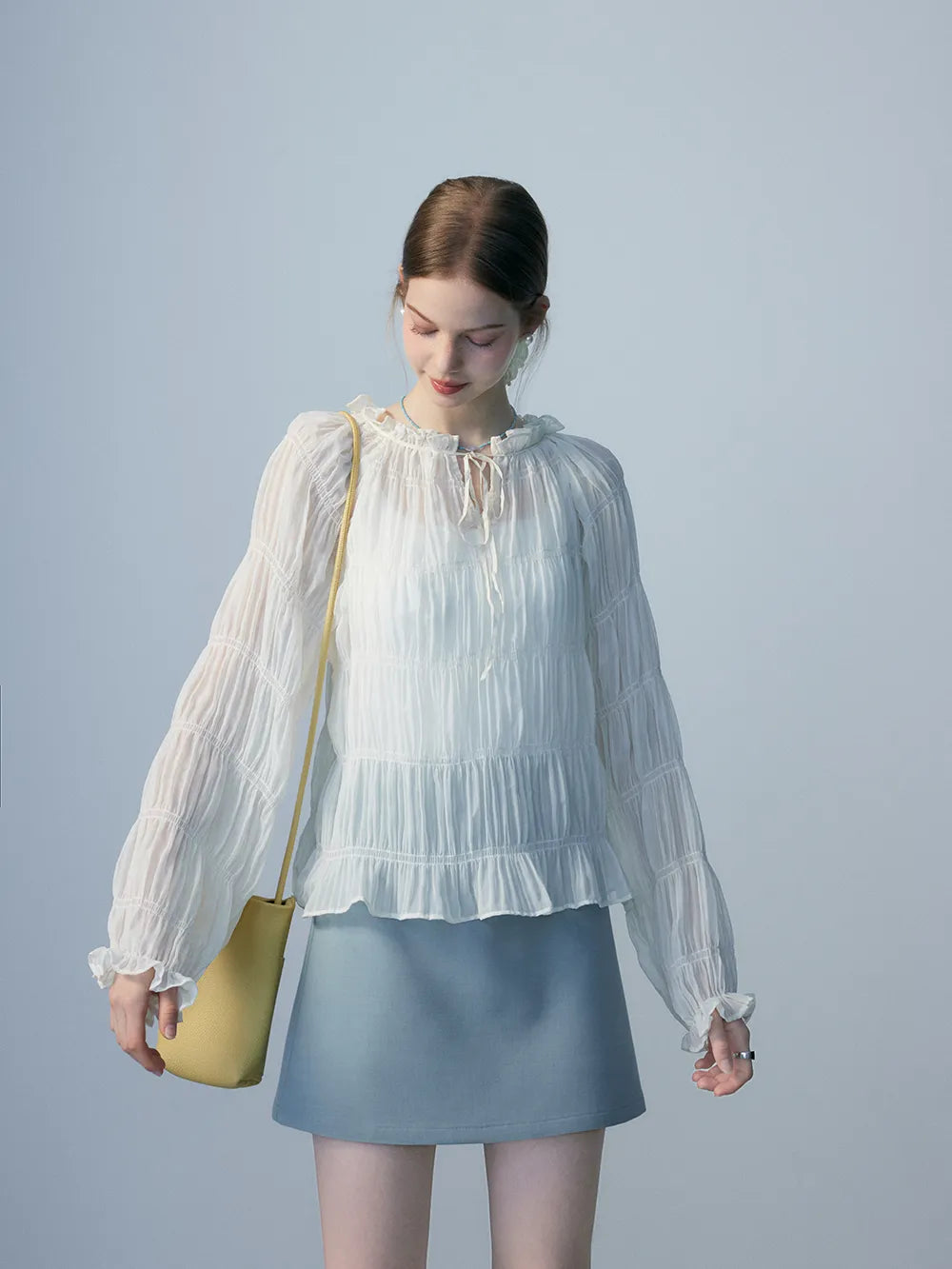 Gathered Ruffle Neckline Blouse with Full Sleeves and Textured Detail