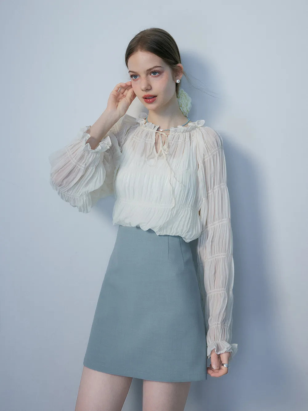 Gathered Ruffle Neckline Blouse with Full Sleeves and Textured Detail