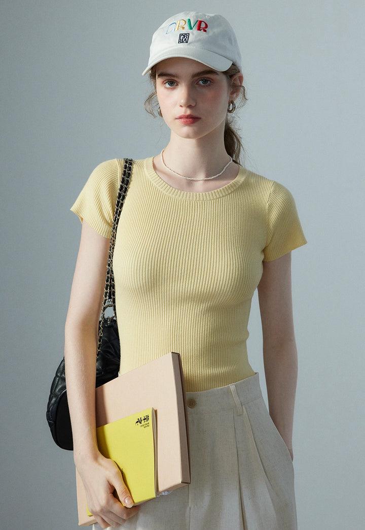 Women's Light Yellow Ribbed Knit T-Shirt