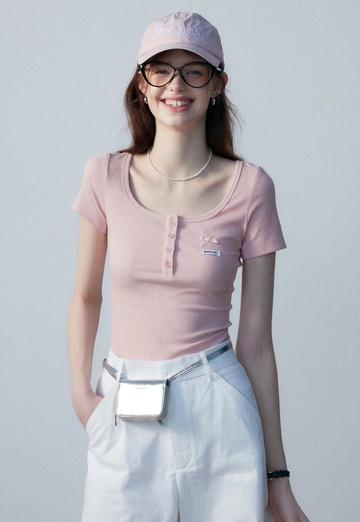 Women's Short Sleeve Henley Crop Top - Bow Detail