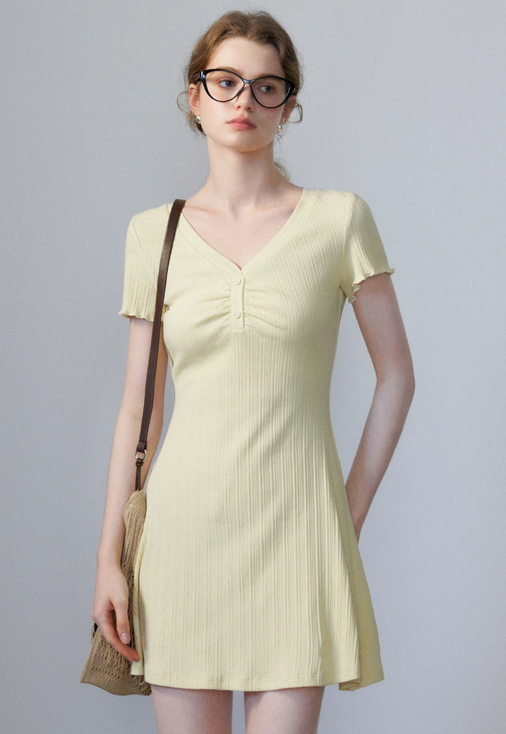 Women's Short-Sleeve Ribbed Dress with Button Detail