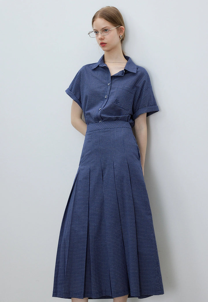 Women's Gingham Short Sleeve Shirt and Pleated Skirt Set