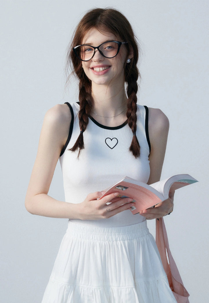 Women's Sleeveless Tank Top with Heart Embroidery