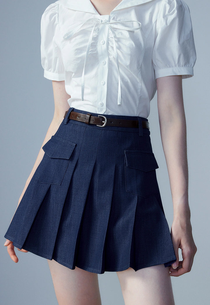 Women's Denim Pleated Skirt with Pockets