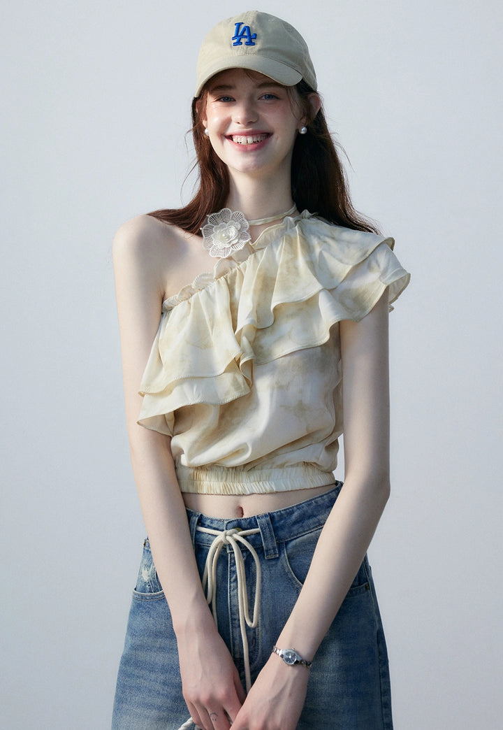 Women's One-Shoulder Ruffle Top with Tie-Dye Print