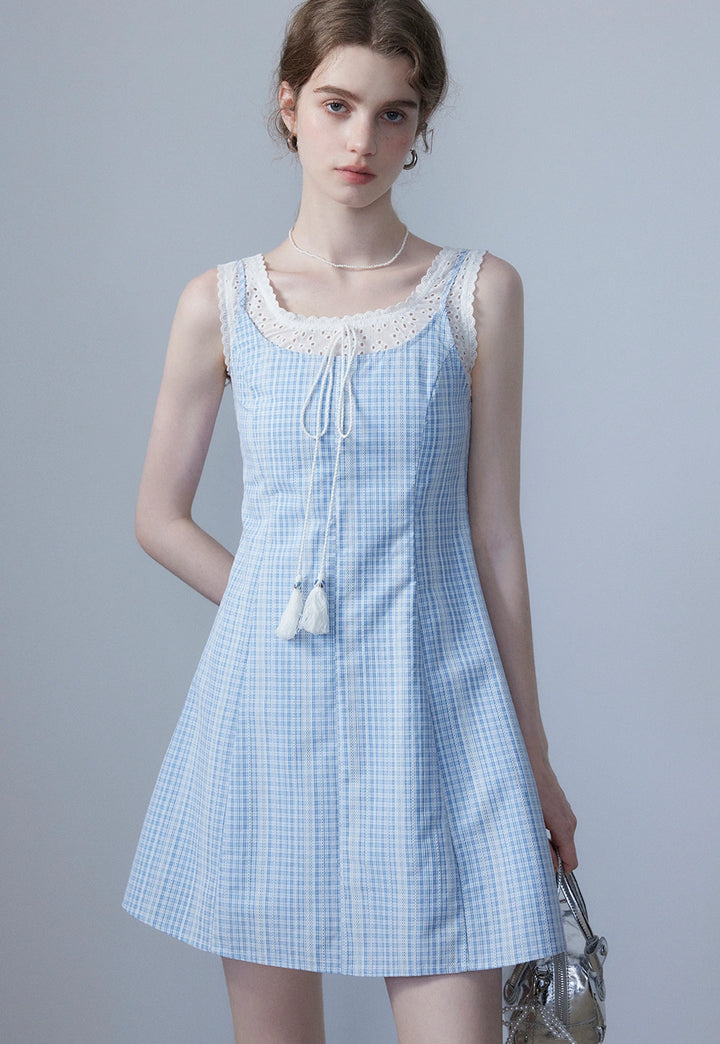 Women's Sleeveless Gingham Dress with Tassel Detail