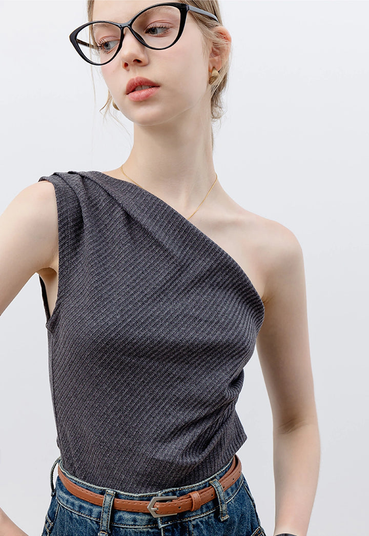 Women's One-Shoulder Knit Top in Charcoal