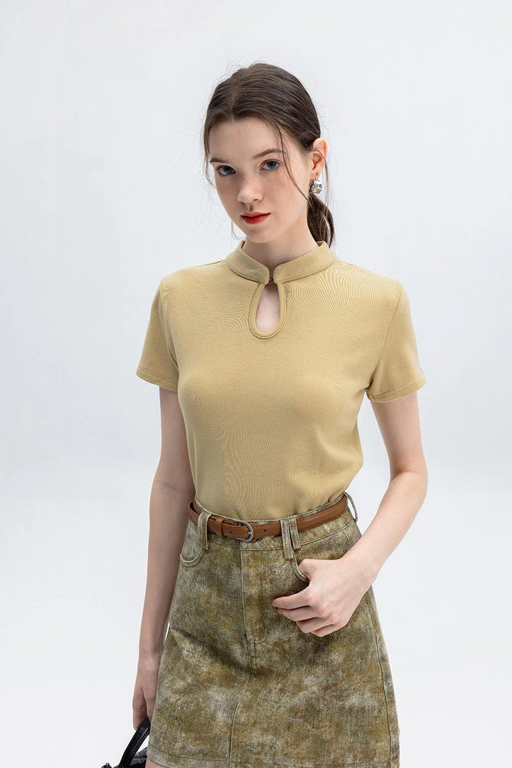 Women's Cheongsam Collar Solid Color T-shirt