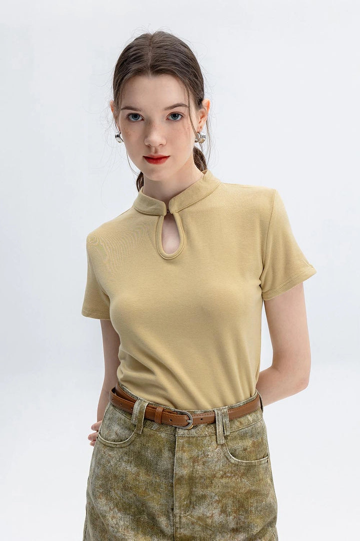 Women's Cheongsam Collar Solid Color T-shirt