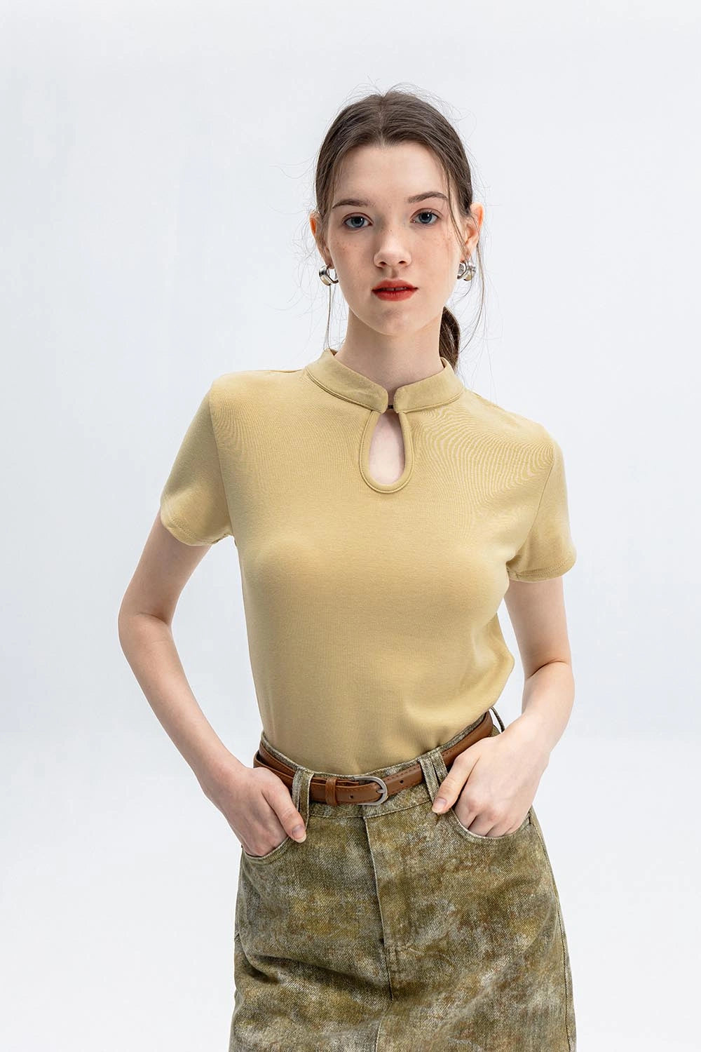 Women's Cheongsam Collar Solid Color T-shirt