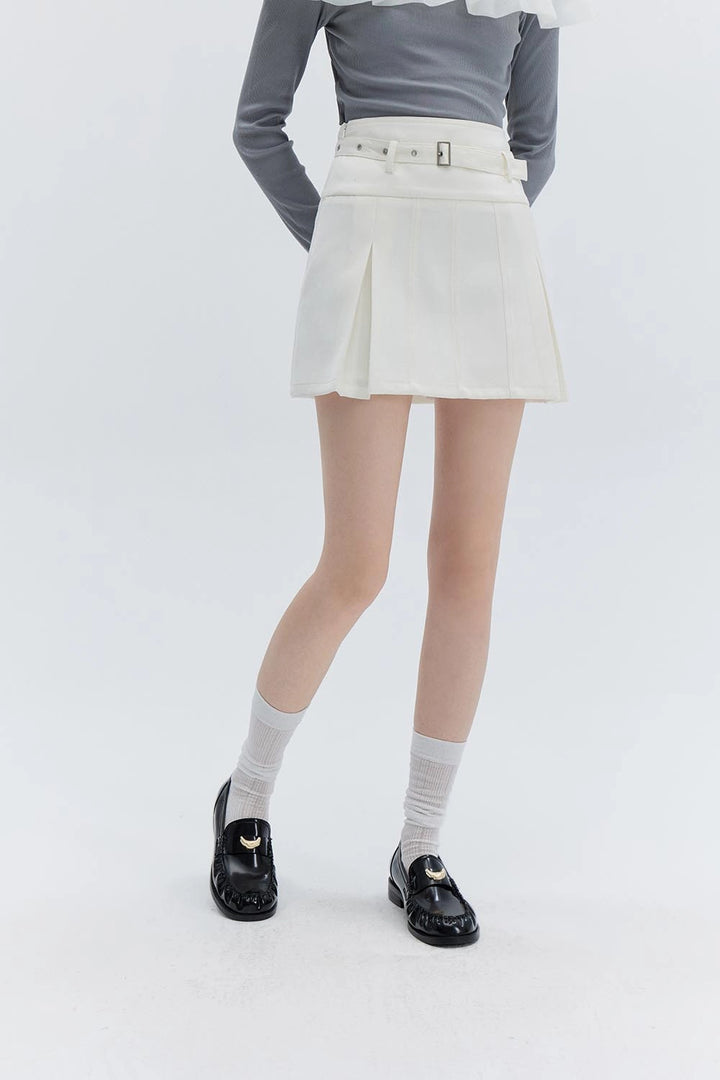 Women's Pleated Mini Skirt with Belted Waist Detail