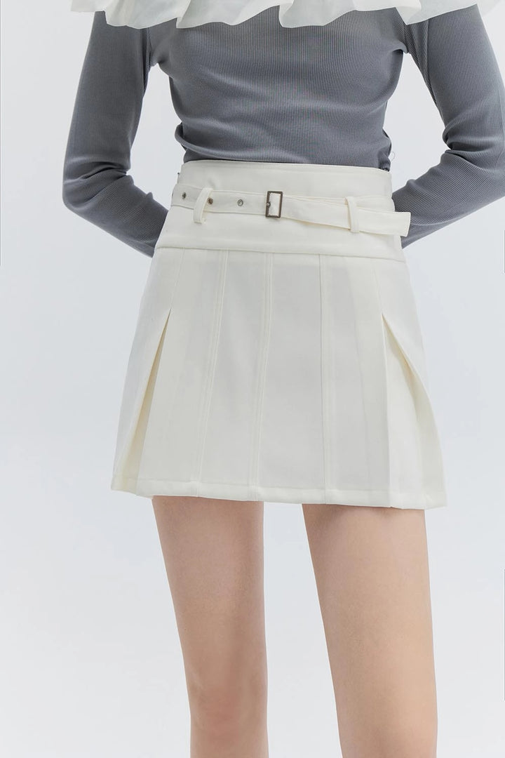 Women's Pleated Mini Skirt with Belted Waist Detail