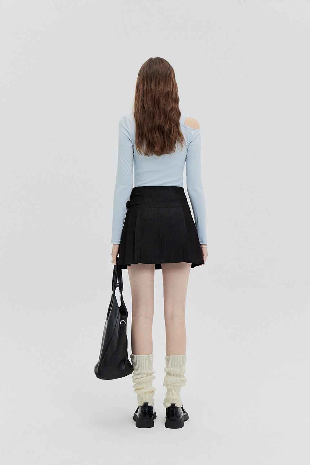 Skirt Mini A-Line Pinggang Tinggi Wanita dengan Perincian Tali Pinggang