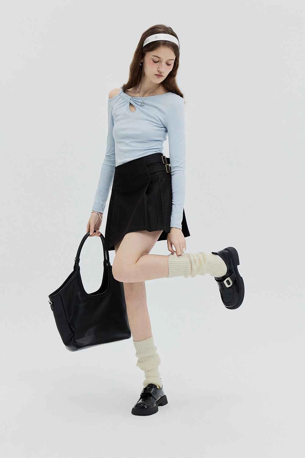 Skirt Mini A-Line Pinggang Tinggi Wanita dengan Perincian Tali Pinggang