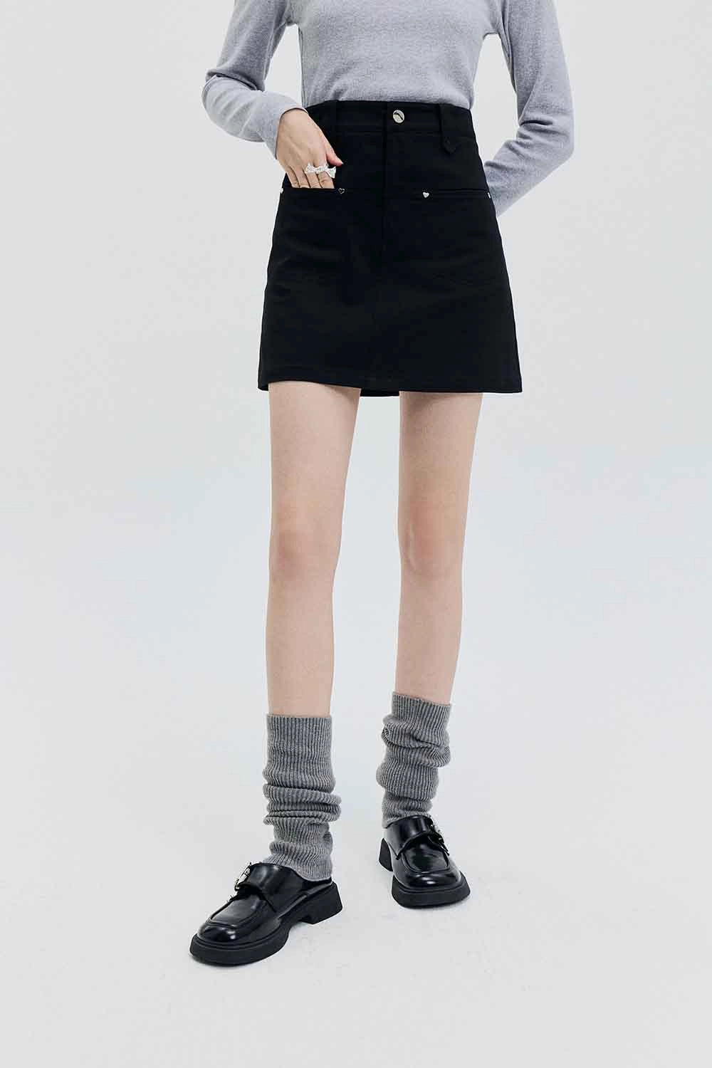 Skirt Mini A-Line Pinggang Tinggi Wanita dengan Perincian Poket
