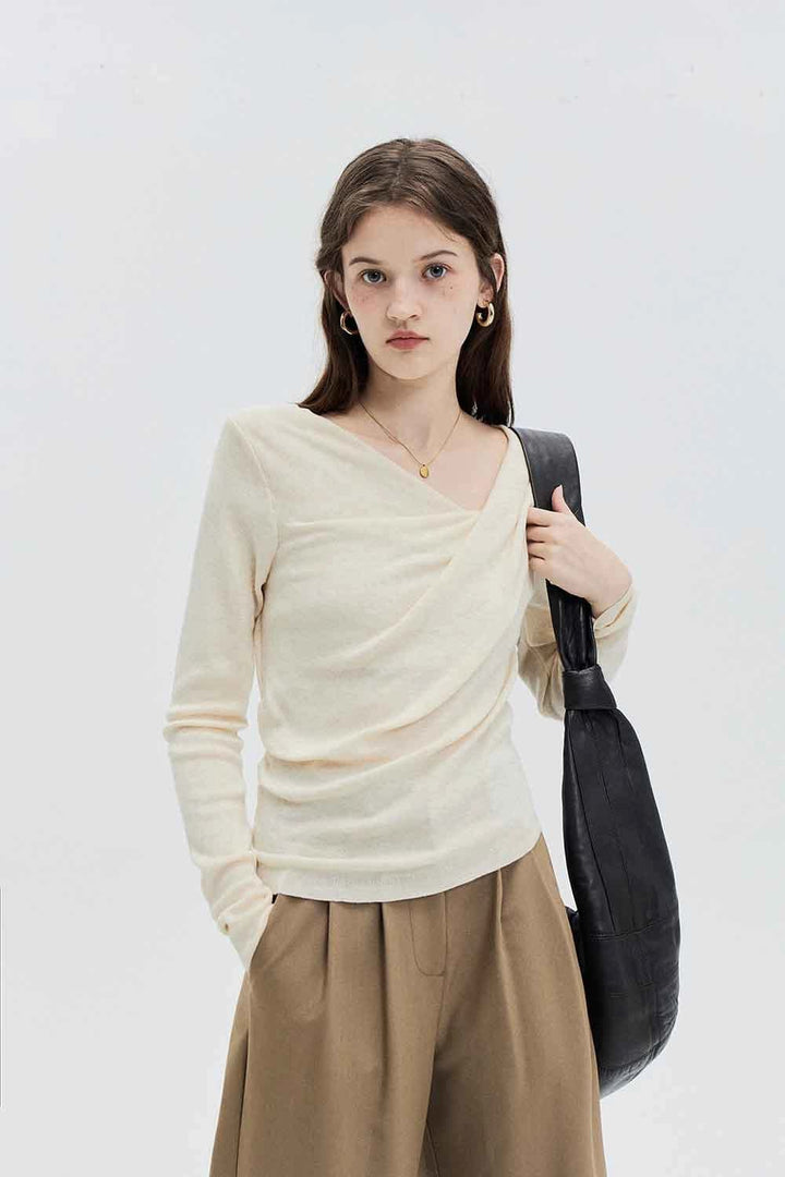 Draped Cowl Neck Knit Top with Asymmetrical Hem