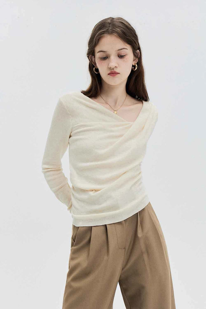 Draped Cowl Neck Knit Top with Asymmetrical Hem