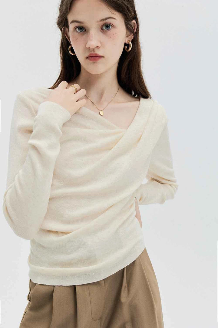 Draped Cowl Neck Knit Top with Asymmetrical Hem