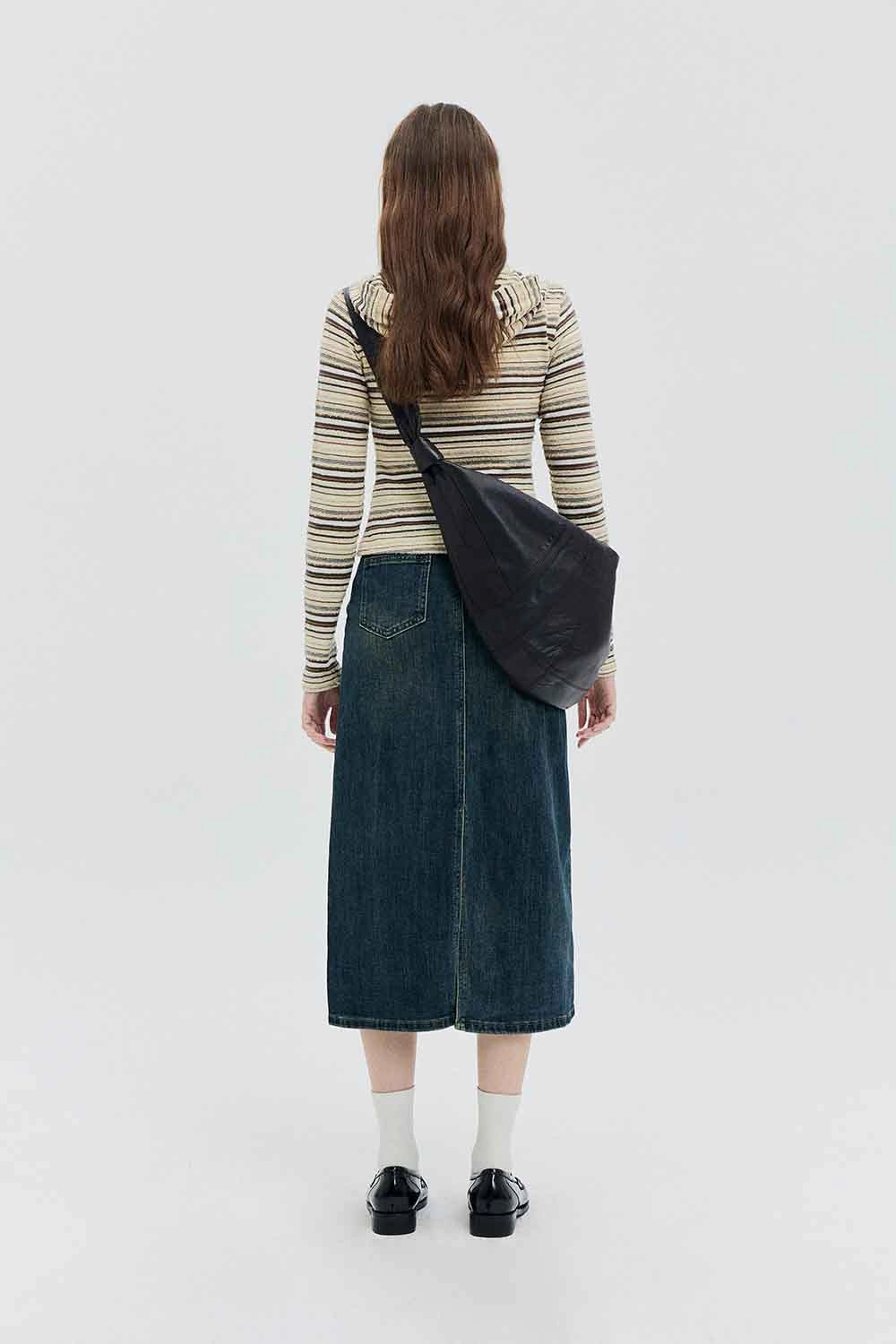 High-Waisted Denim Midi Skirt with Classic Five-Pocket Design