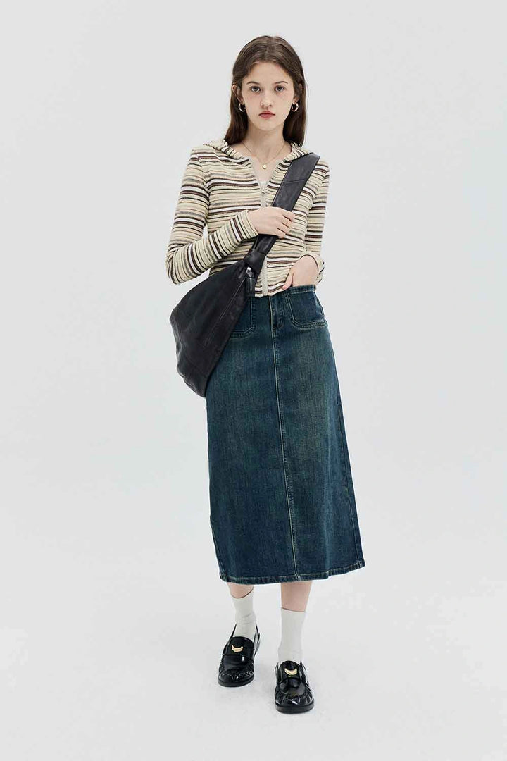 Skirt Midi Denim Pinggang Tinggi dengan Rekaan Klasik Lima Poket