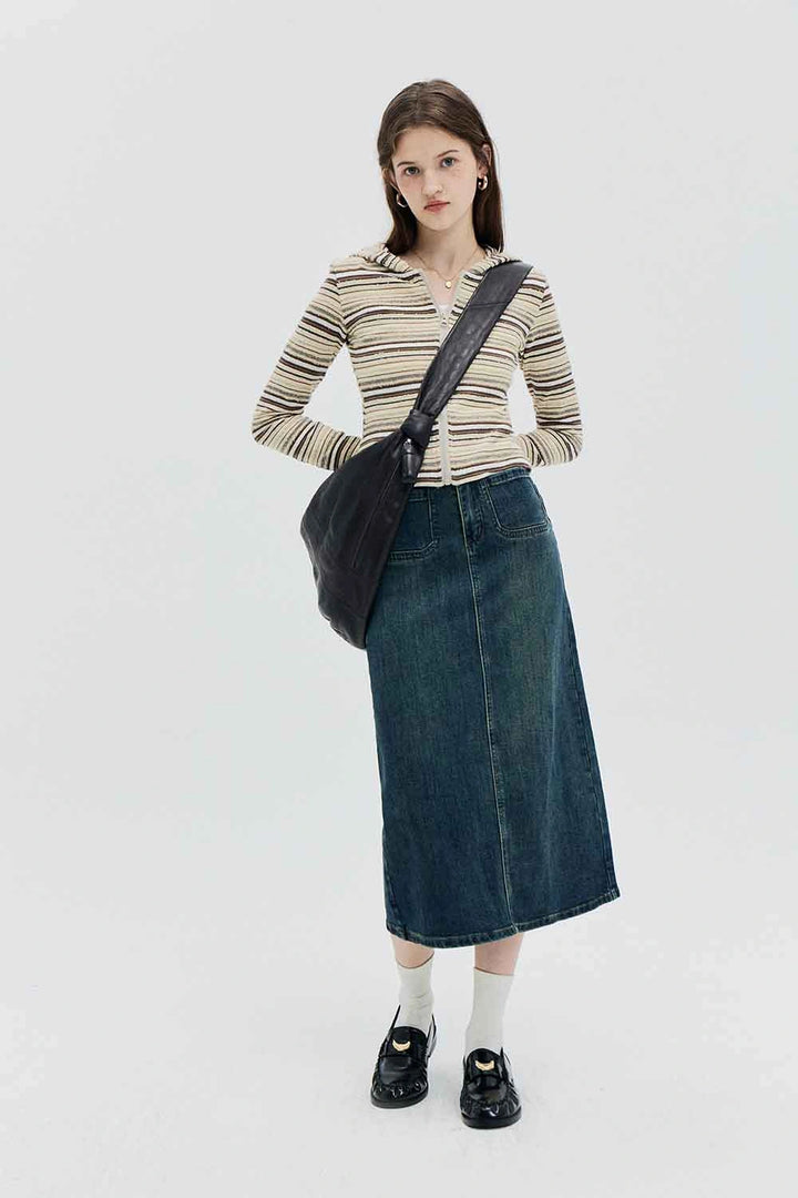 Skirt Midi Denim Pinggang Tinggi dengan Rekaan Klasik Lima Poket