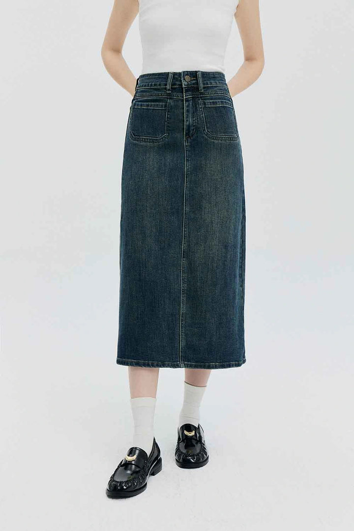 Skirt Midi Denim Pinggang Tinggi dengan Rekaan Klasik Lima Poket