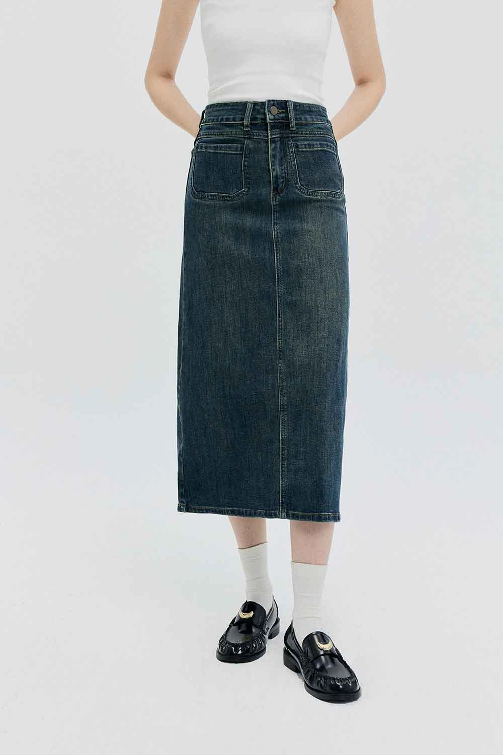 High-Waisted Denim Midi Skirt with Classic Five-Pocket Design