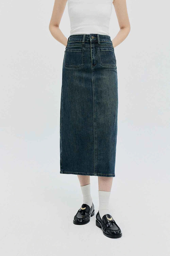 Váy Midi Denim Cạp Cao Thiết Kế Năm Túi Cổ Điển