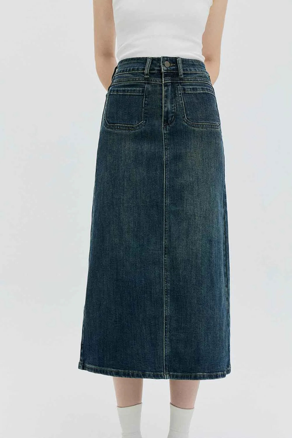 High-Waisted Denim Midi Skirt with Classic Five-Pocket Design