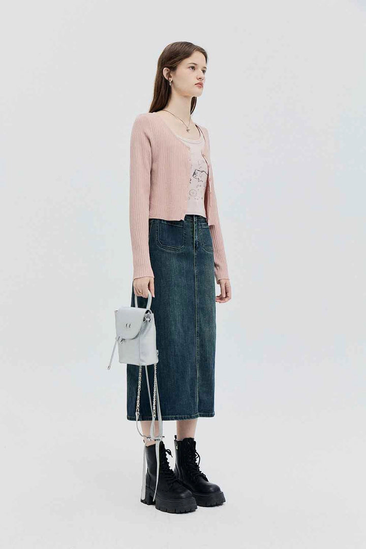 Skirt Midi Denim Pinggang Tinggi dengan Rekaan Klasik Lima Poket