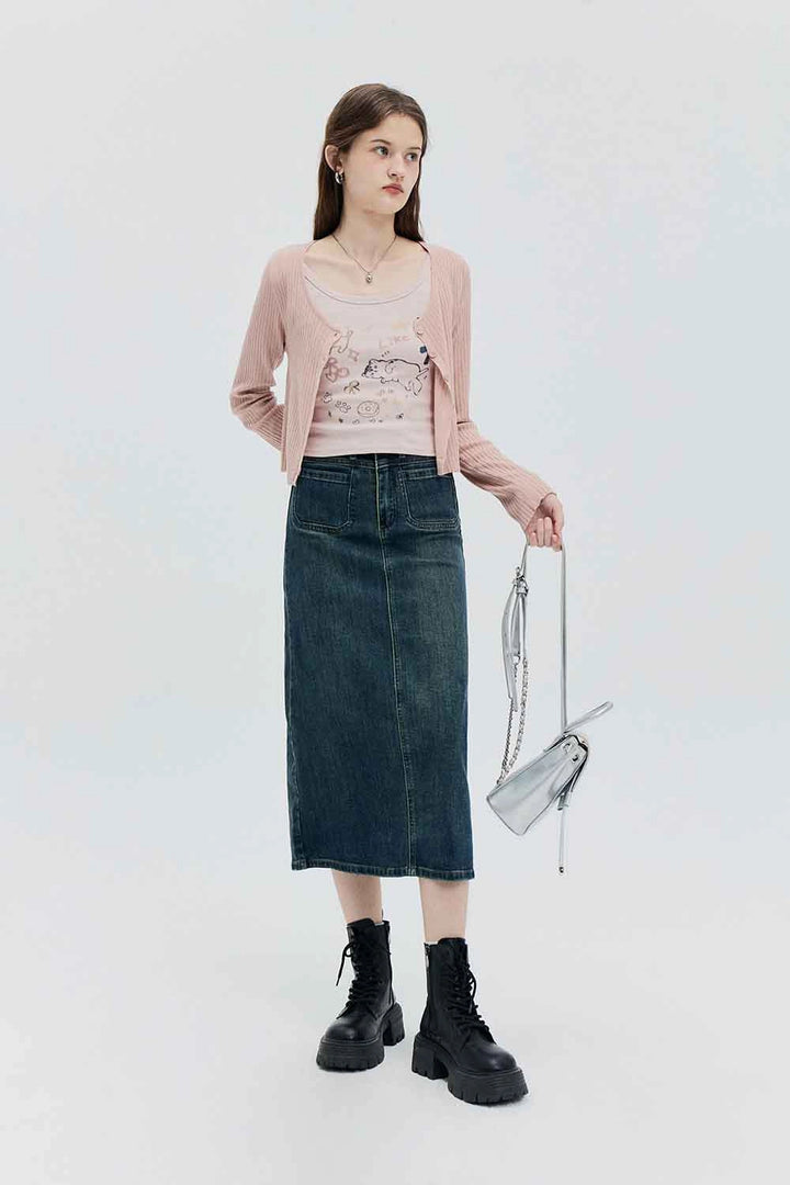 Skirt Midi Denim Pinggang Tinggi dengan Rekaan Klasik Lima Poket