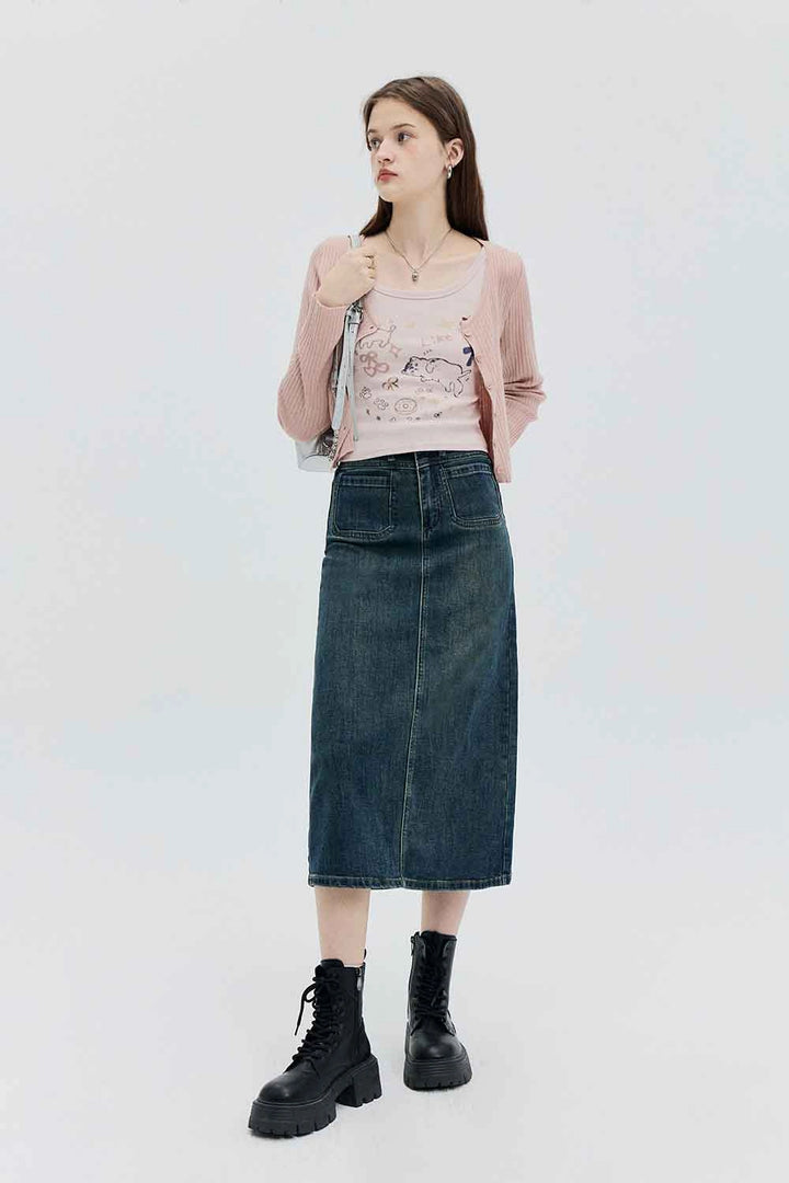 Skirt Midi Denim Pinggang Tinggi dengan Rekaan Klasik Lima Poket