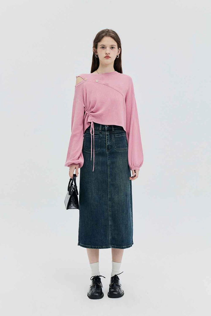 Skirt Midi Denim Pinggang Tinggi dengan Rekaan Klasik Lima Poket