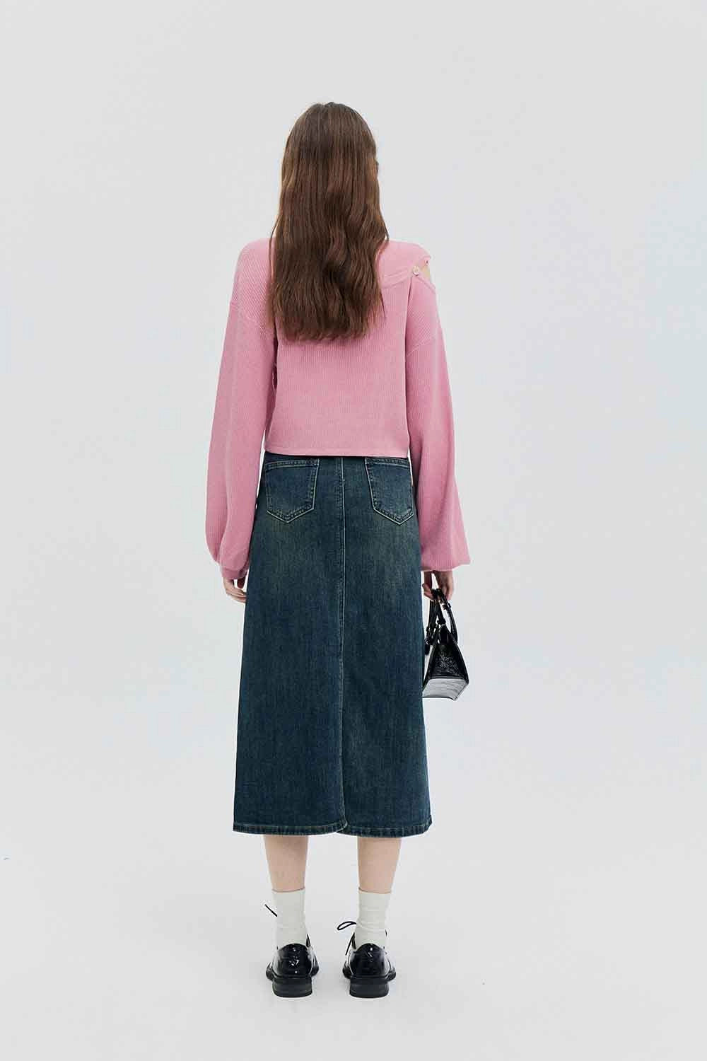 Skirt Midi Denim Pinggang Tinggi dengan Rekaan Klasik Lima Poket