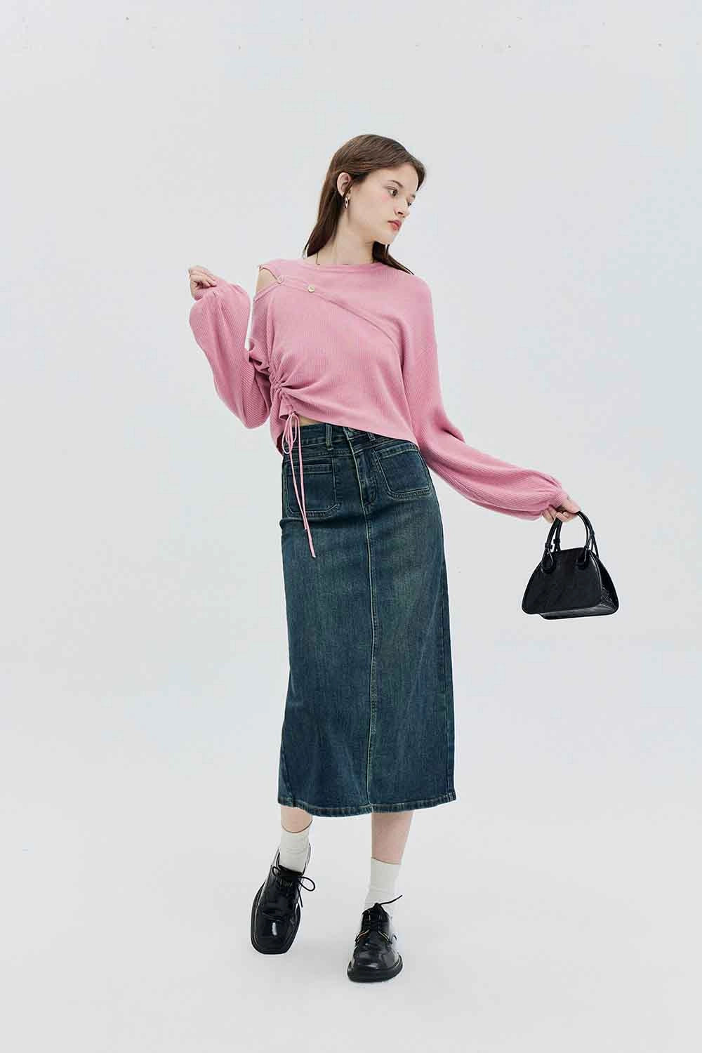 High-Waisted Denim Midi Skirt with Classic Five-Pocket Design