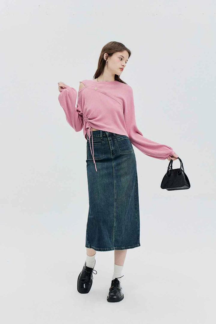 Skirt Midi Denim Pinggang Tinggi dengan Rekaan Klasik Lima Poket